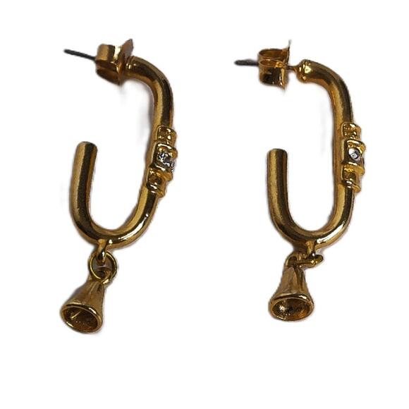 Vintage Open C Hoop Goldtone Rhinestone Bell Pierced Earrings - Picture 1 of 6